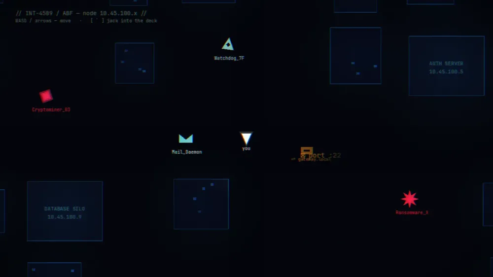 ServerBound overworld: a near-black cyberspace with glowing blue server buildings labelled AUTH SERVER and DATABASE SILO, hostile daemons, and the player rendered as a cyan caret.